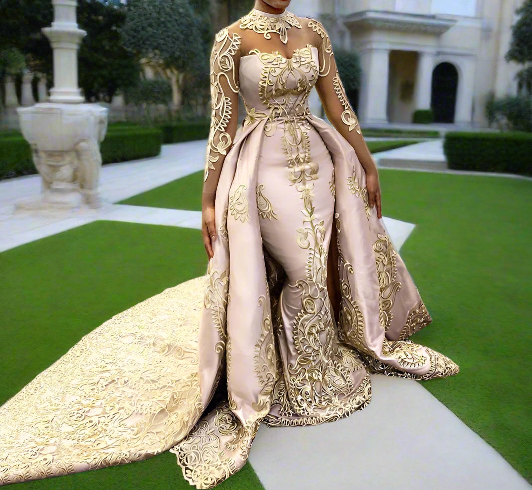 2 Piece Evening See Thru Long Sleeved Gold Lace Mermaid Formal Gown Dress - Customized