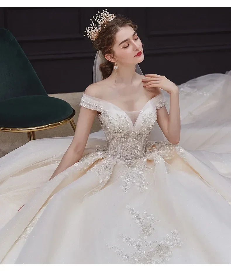 Luxury Off-Shoulder Wedding Dress - Handmade Lace Ball Gown