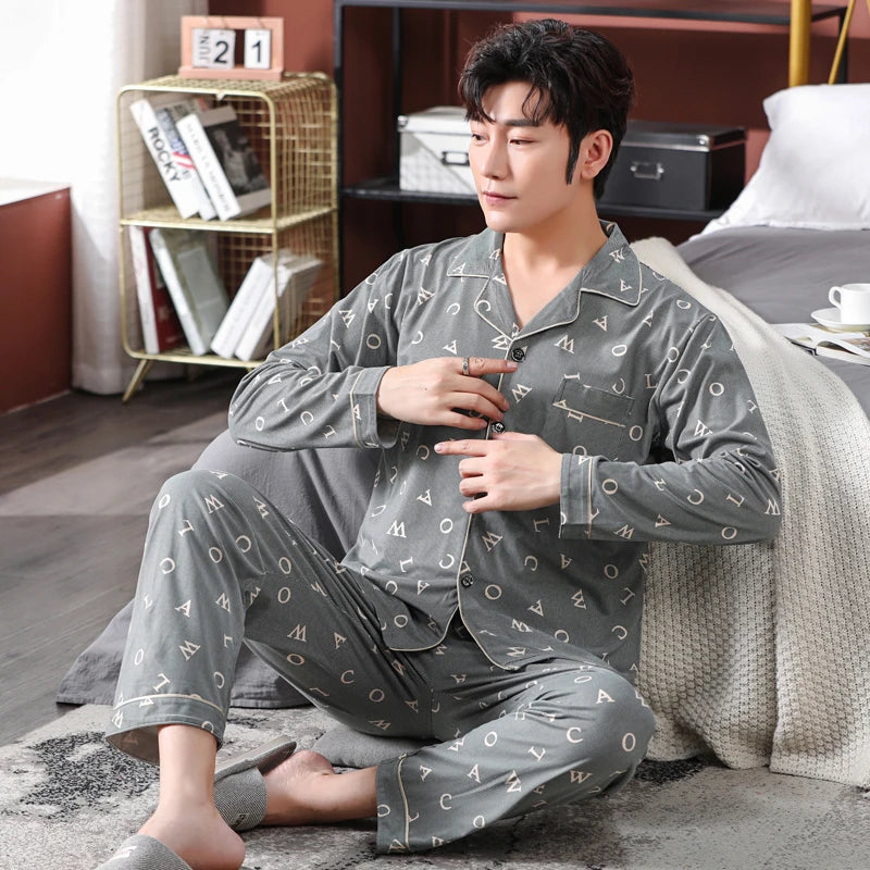 High Quality Autumn Pajamas Mens Milk Silk Sleepwear Long Sleeve 2 Pieces Pajama Set Men Casual Style