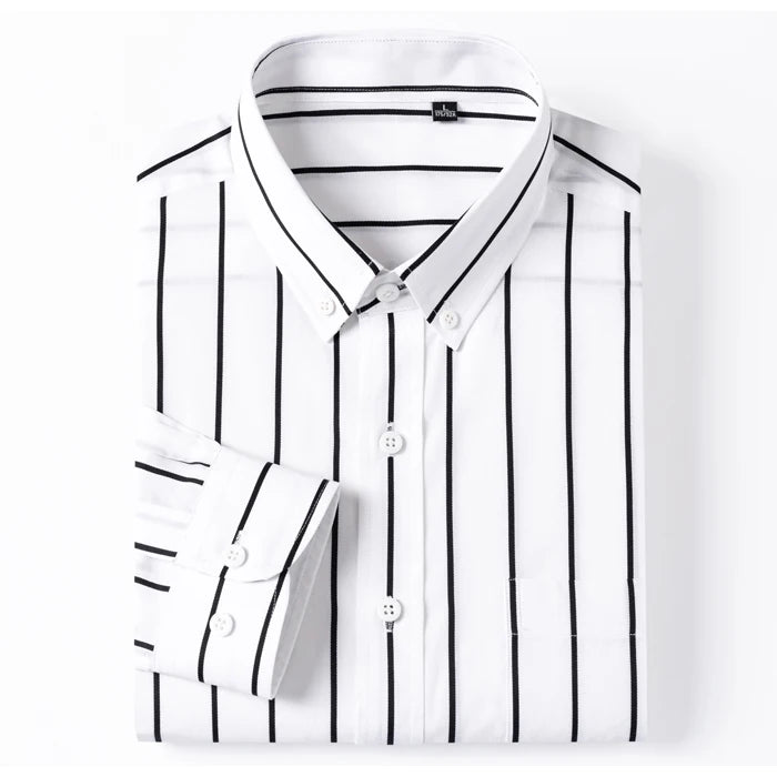 England Style Soft 100% Cotton Fashion Shirts Single Patch Pocket Long Sleeve Standard-fit Button-down Man Casual Striped Shirt