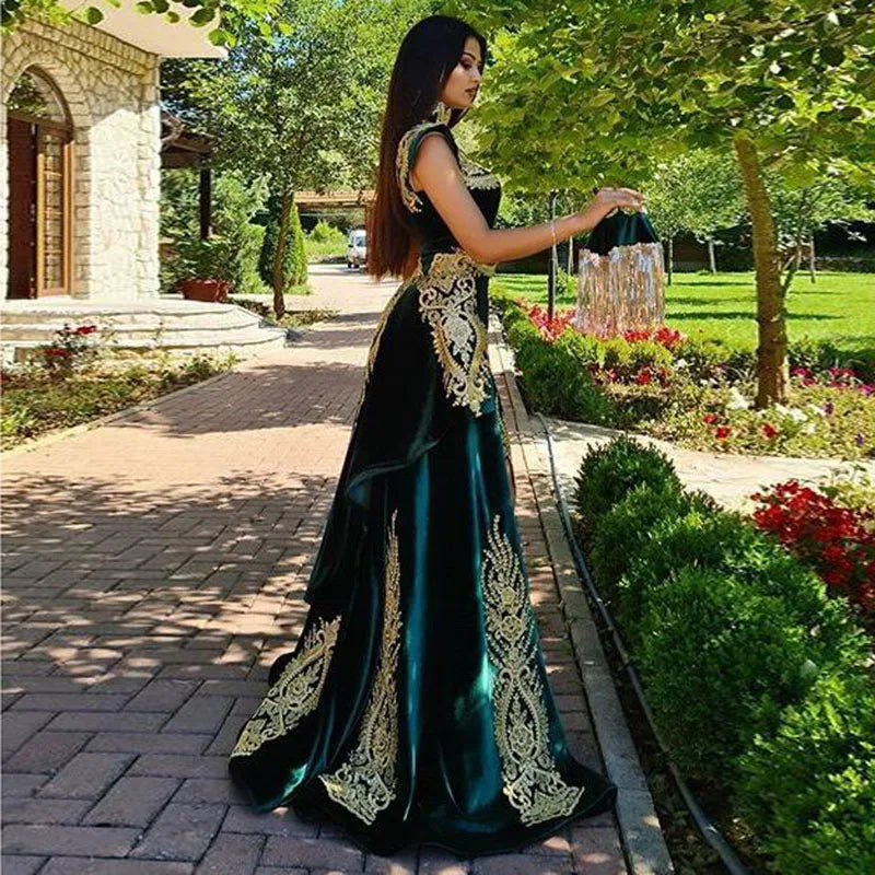 Elegant Stunning High Neck Velvet Evening Dress with Detachable Skirt Morocco Kaftan