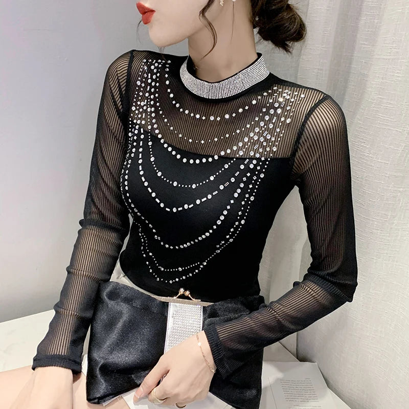 Elegant Women Long-Sleeved Stitching Mesh T-Shirt