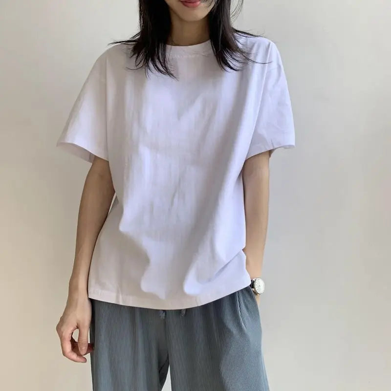 Summer 100% Cotton Regular-Fit Women Crew Neck Basic White T-Shirts