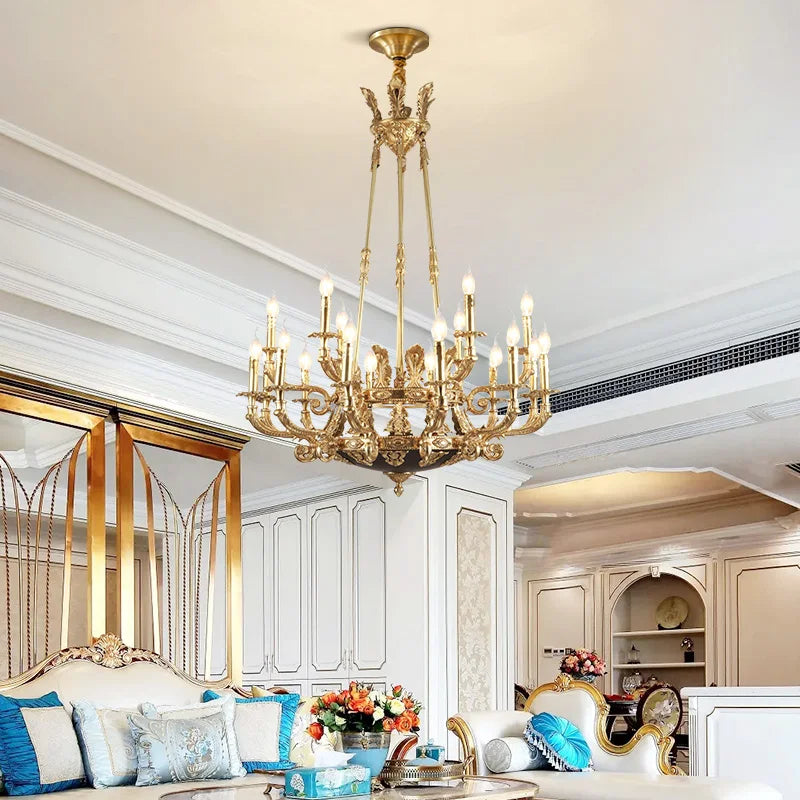 High End Royal Antique Brass Chandelier Mid Century Big Pendant Light Baroque Bronze Copper for Living Room Bedroom