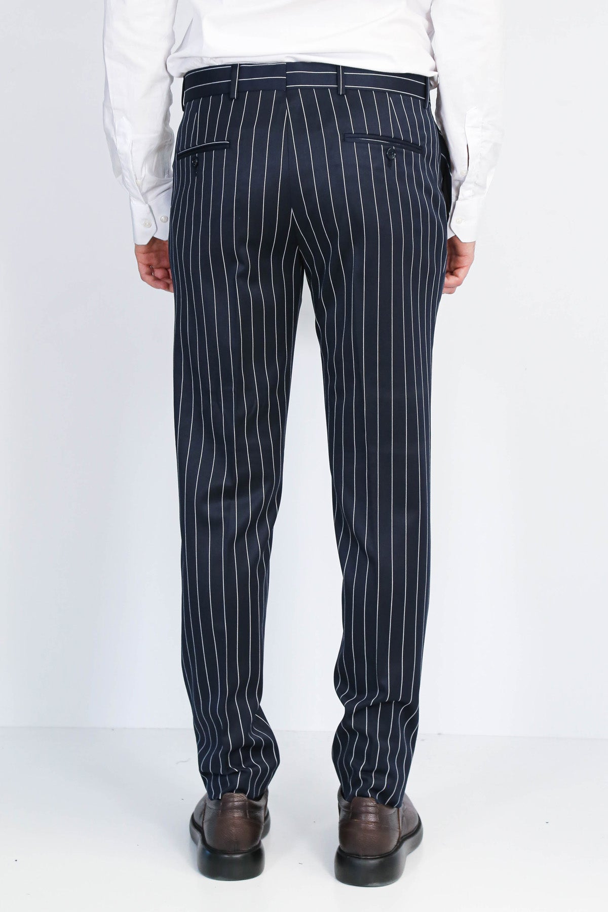 Navy White Pinstripe Slim Fit Dress Trousers – Wessi