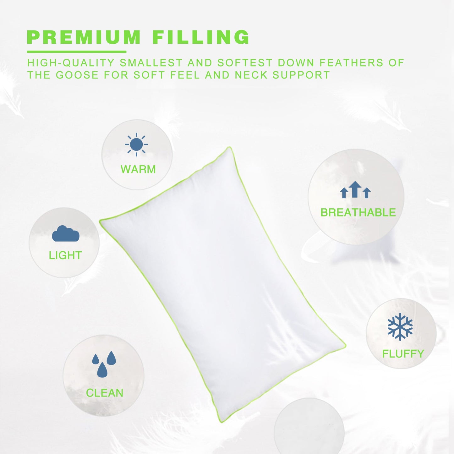 Silky Green Piped Edge Goose Down Feather Pillow Set, White