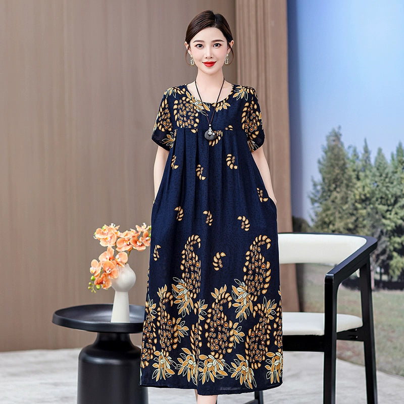 Noble over-the-Knee Middle-Aged Ladieswear Large Swing Noil Poplin Dress