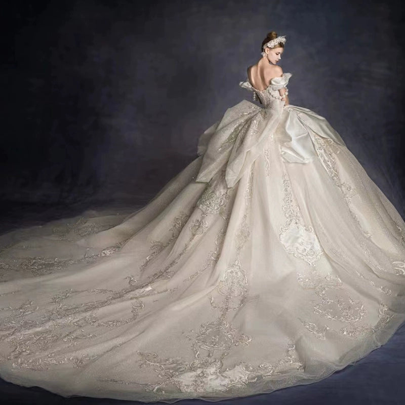 off-Shoulder French Royal Style Retro Wedding Dress