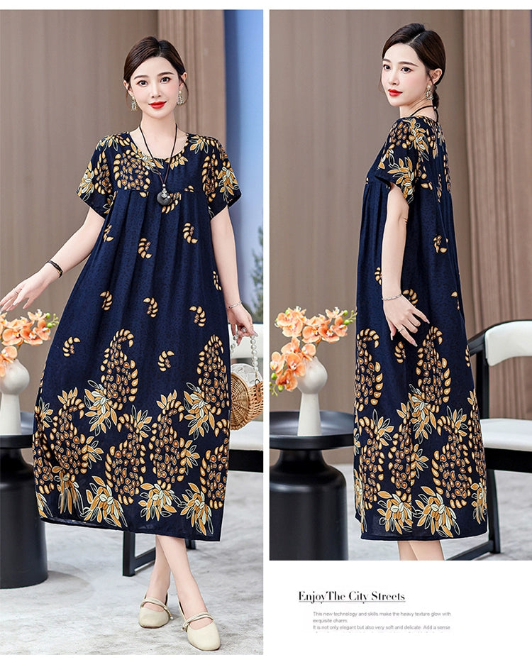 Noble over-the-Knee Middle-Aged Ladieswear Large Swing Noil Poplin Dress