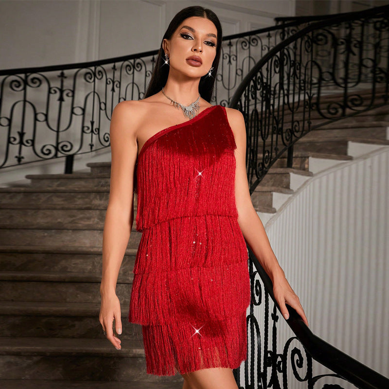 One Shoulder Sequin Tassel Cocktail Party Dress Party Dress Short Skirt