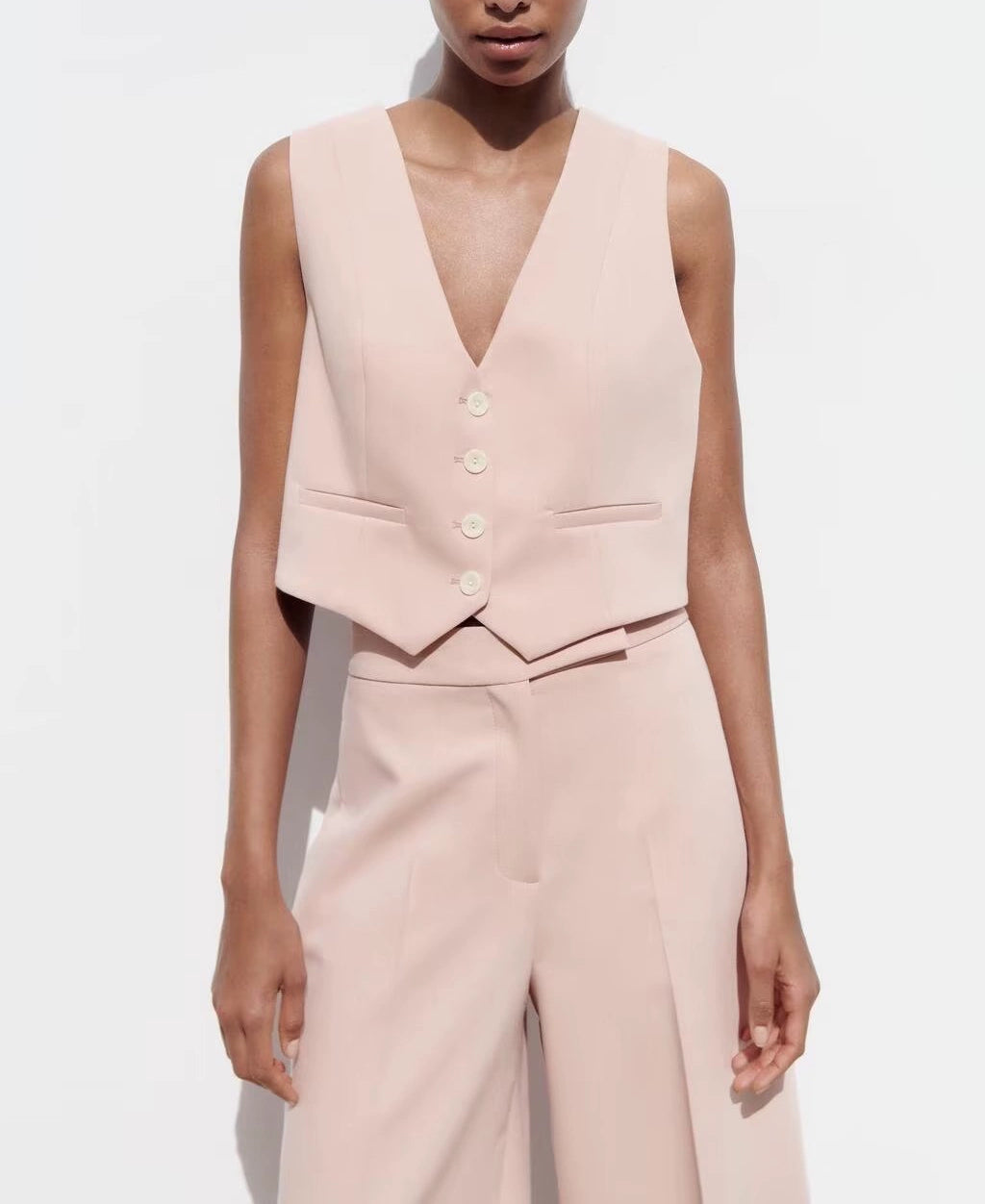 Spring High Waist Loose Pants Pants and Sleeveless V Neck Short Vest