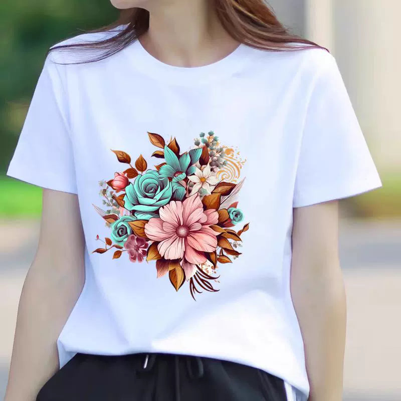Butterfly Flower Summer Short Sleeve T-shirts Casual Thin Print