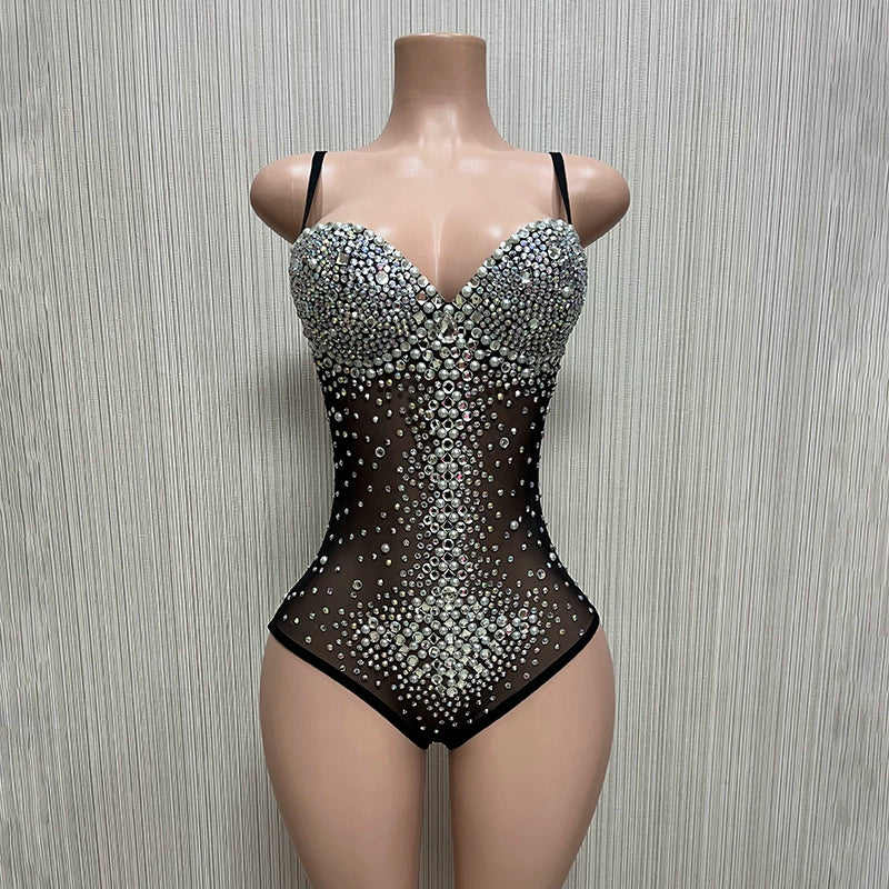 Rhinestone Diamond Ultra Short Bra Collar Jumpsuits