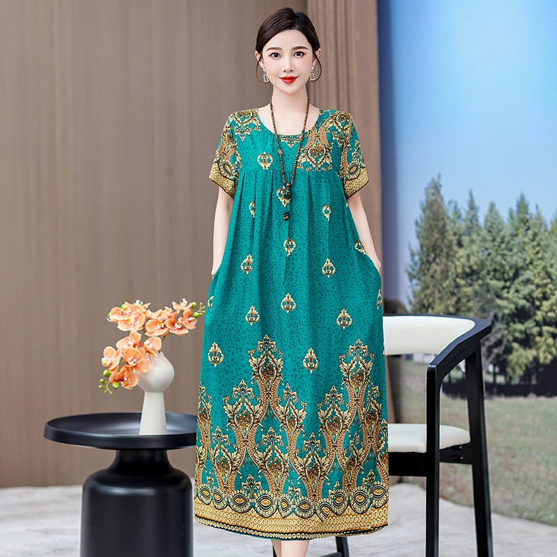 Noble over-the-Knee Middle-Aged Ladieswear Large Swing Noil Poplin Dress