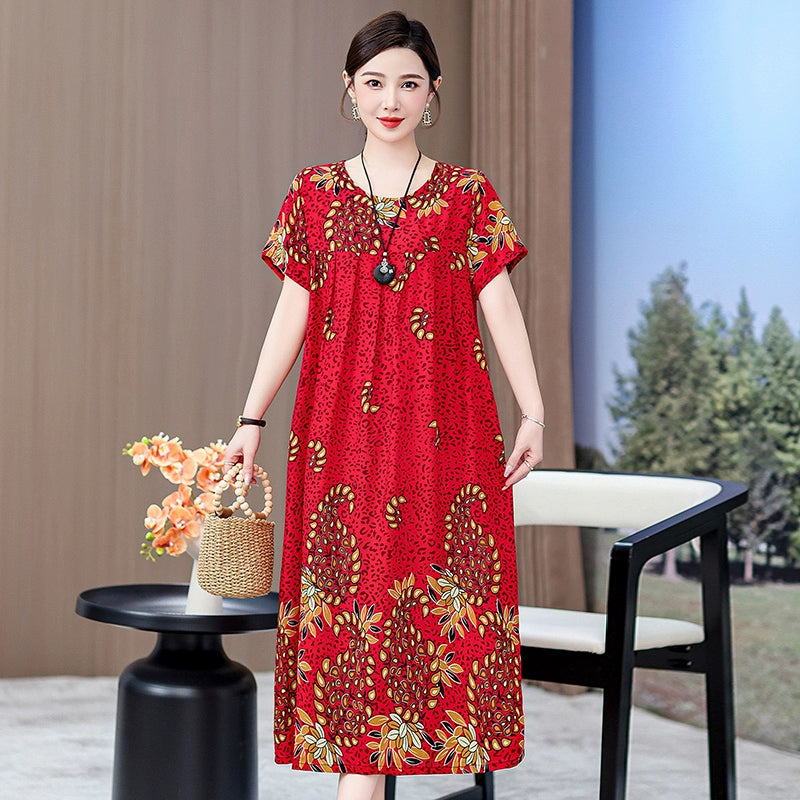 Noble over-the-Knee Middle-Aged Ladieswear Large Swing Noil Poplin Dress