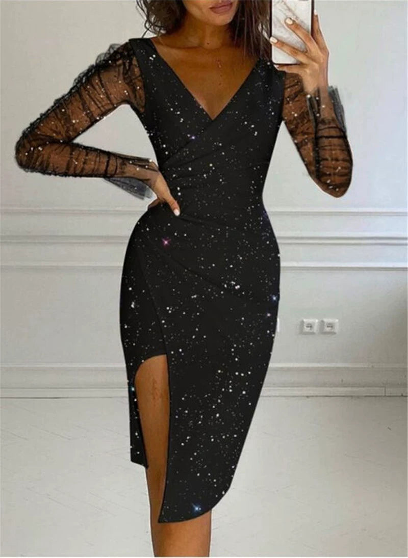 Women's Fashion Rhinestone V Neck Sheath Sexy Mesh Dress