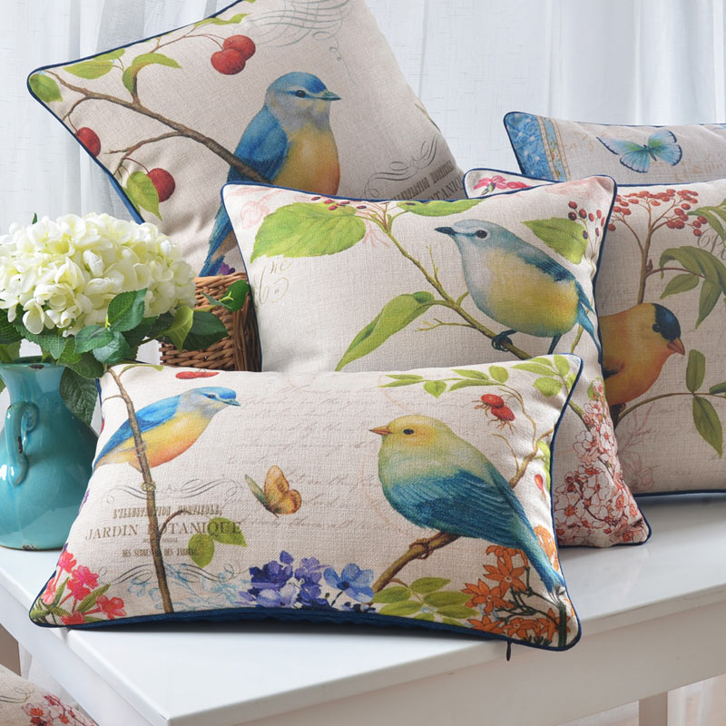 Sofa Pillow Cotton and Linen Thick Flower and Bird Back Seat Cushion Pillow Office