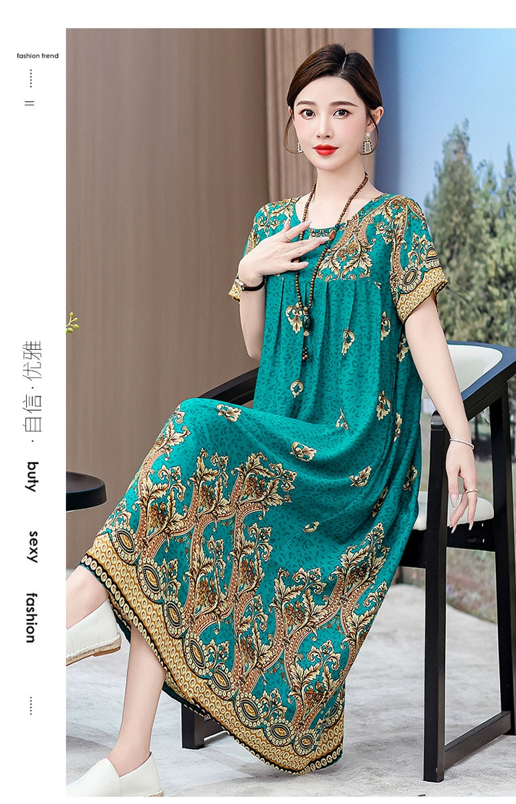 Noble over-the-Knee Middle-Aged Ladieswear Large Swing Noil Poplin Dress