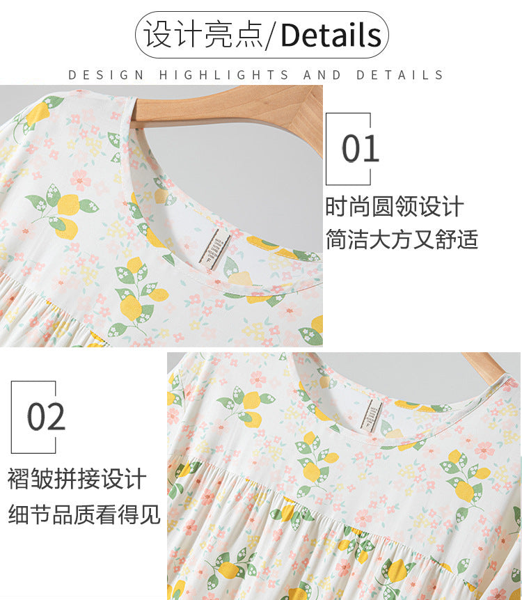 Summer Women Nightgown Short Sleeve Round Neck
