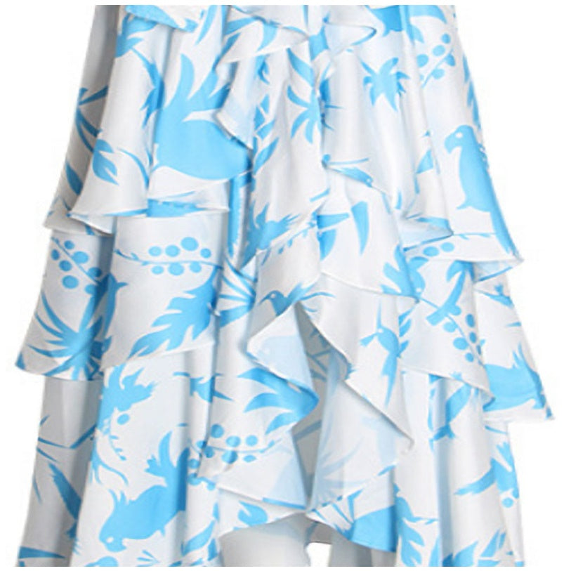 Elegant V-neck Puff Sleeve High Waist Lace-up Ruffled Asymmetrical Flowers Dress