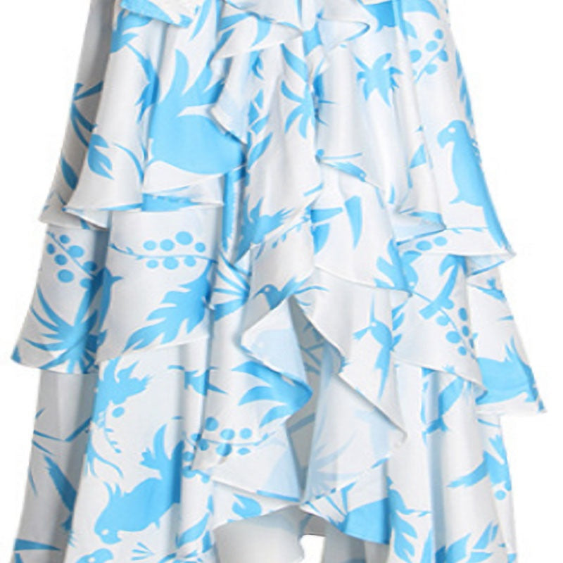 Elegant V-neck Puff Sleeve High Waist Lace-up Ruffled Asymmetrical Flowers Dress