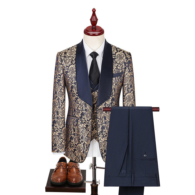Classy Men's Three-Piece Suit Set Pattern K-style Host Performance Dress Wedding Groom Clothing