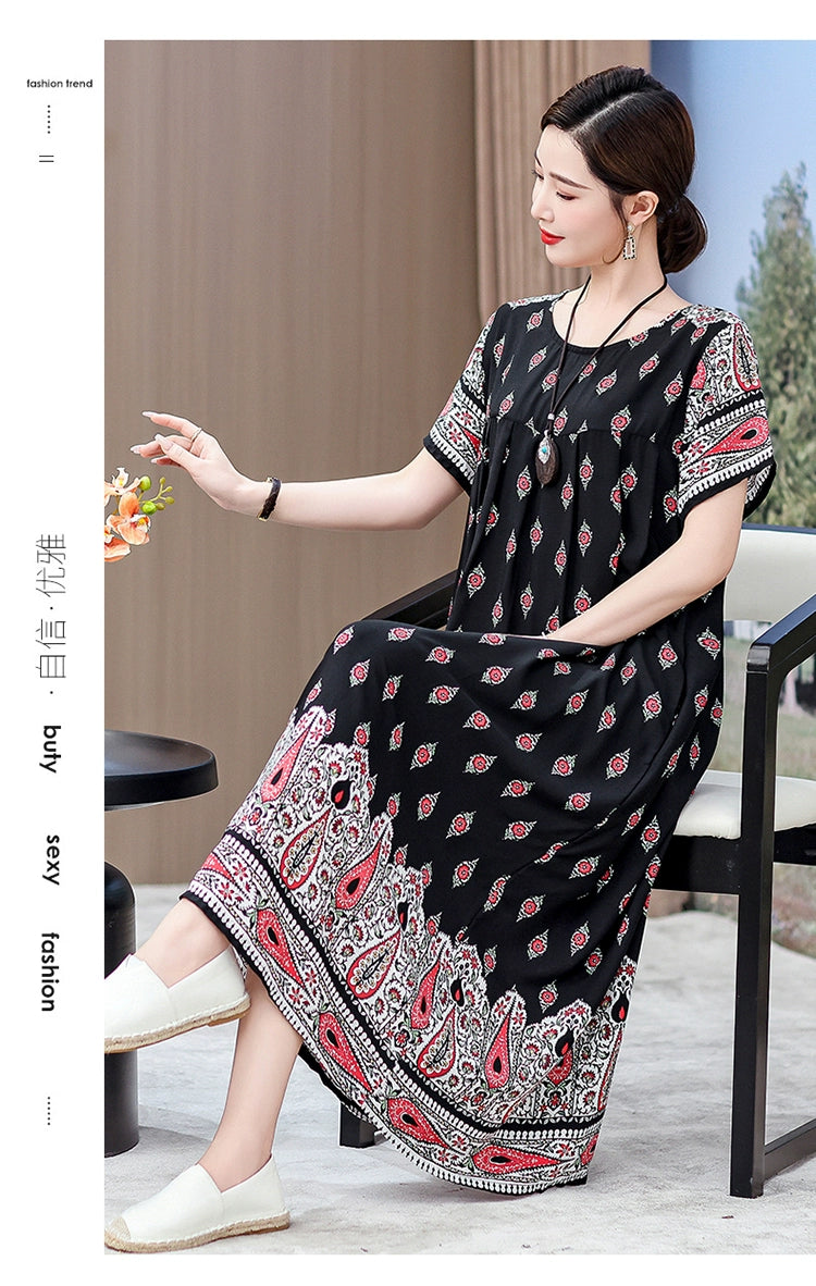 Noble over-the-Knee Middle-Aged Ladieswear Large Swing Noil Poplin Dress