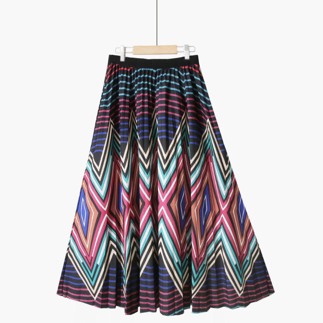 Summer Retro Blue and White Porcelain Printed Mid Length Pleated Skirt
