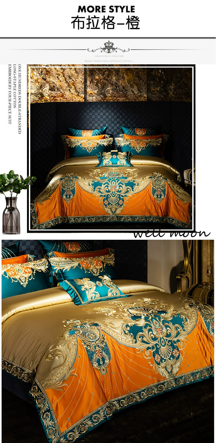 European Luxury Embroidery Palace Pure Cotton Satin Silk Bedding Set 6-10 PCs Set