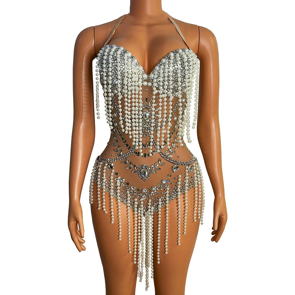 Rhinestone Diamond Ultra Short Bra Collar Jumpsuits