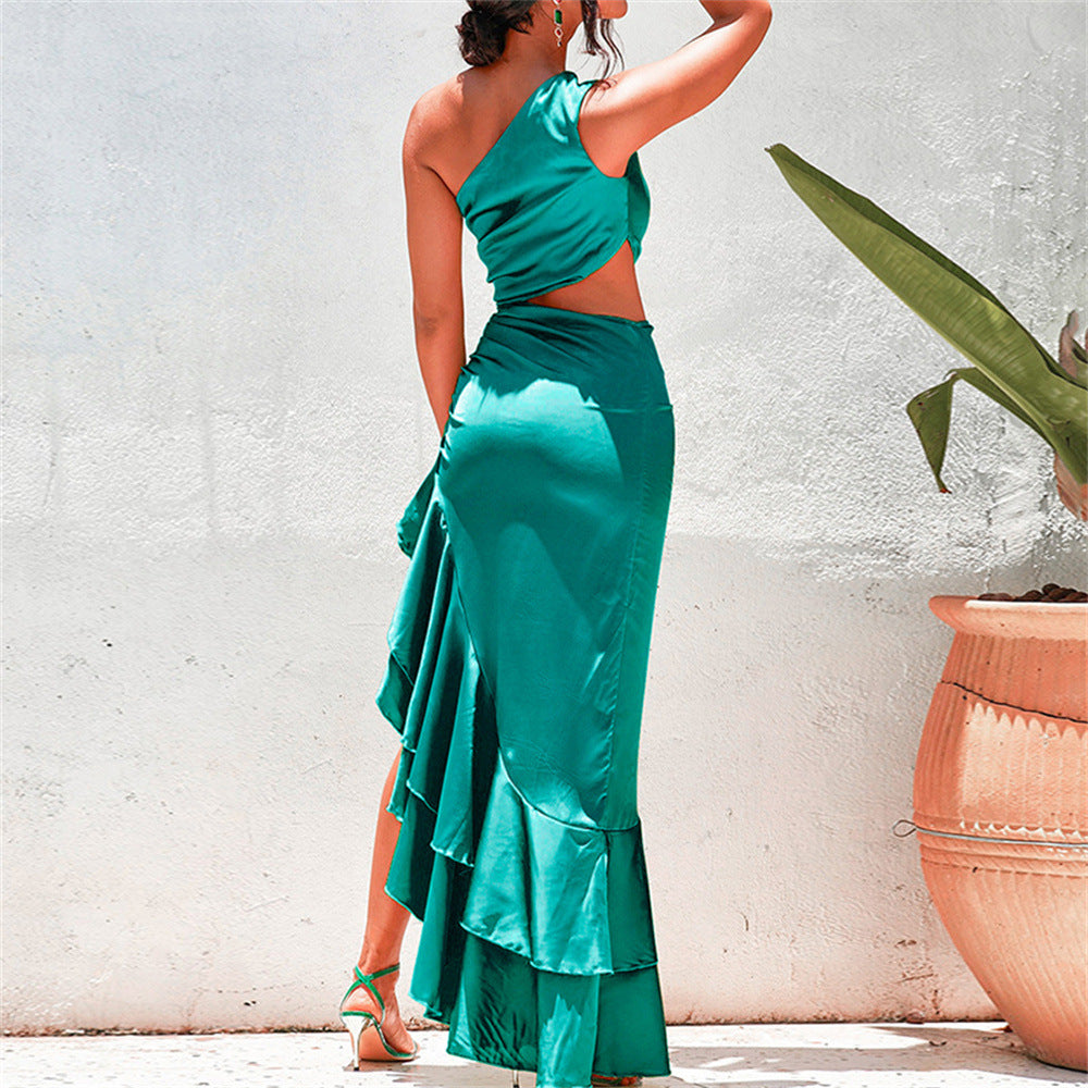 Women's Elegant Slant Shoulder Lotus Leaf Dress One Shoulder