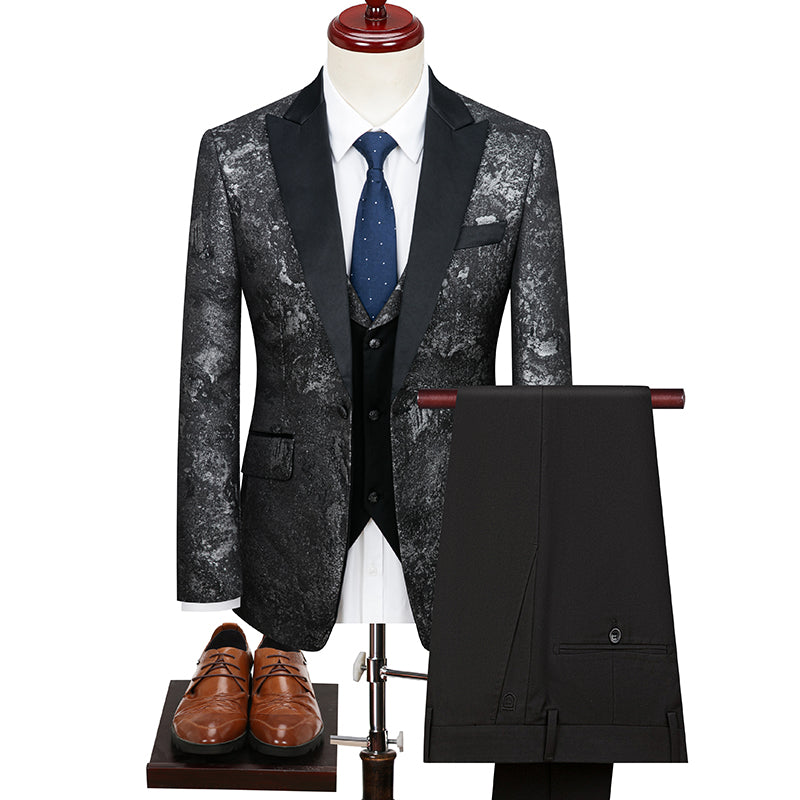 Classy Men's Three-Piece Suit Set Pattern K-style Host Performance Dress Wedding Groom Clothing