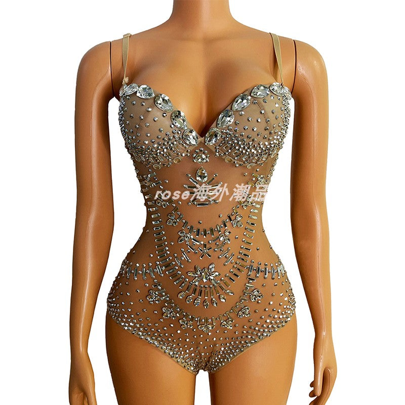 Rhinestone Diamond Ultra Short Bra Collar Jumpsuits