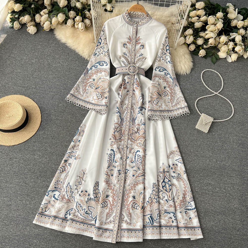 Vintage Print Robe Paisley Maxi Dress Lantern Sleeve