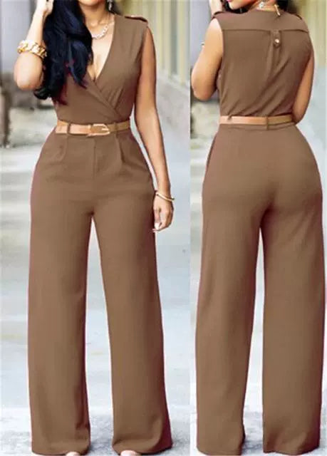 V-neck Wide-leg Pants Irregular Suit With Belt Playsuit