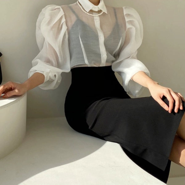 Elegant Chic Transparent Puff Sleeve Shirt Blouse