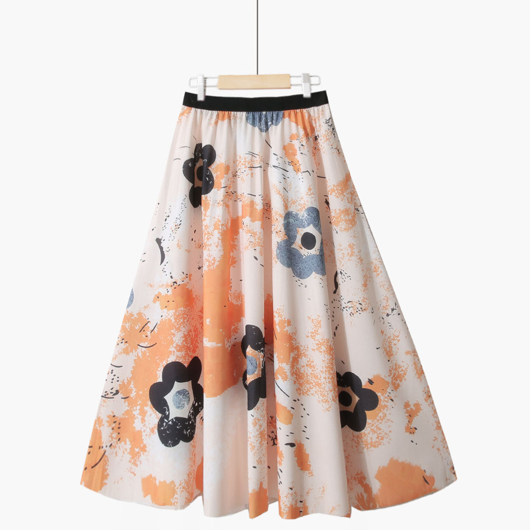 Summer Retro Blue and White Porcelain Printed Mid Length Pleated Skirt