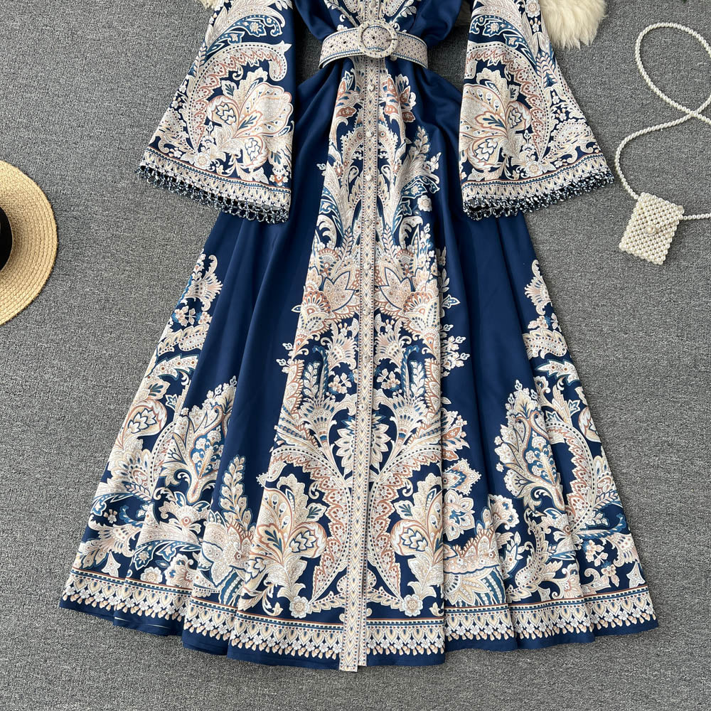 Vintage Print Robe Paisley Maxi Dress Lantern Sleeve