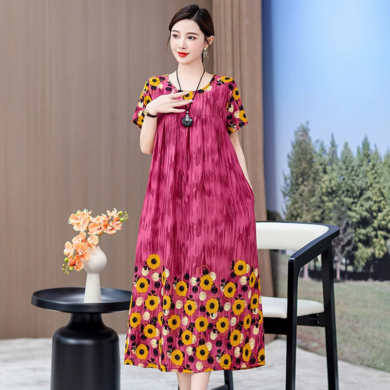 Noble over-the-Knee Middle-Aged Ladieswear Large Swing Noil Poplin Dress