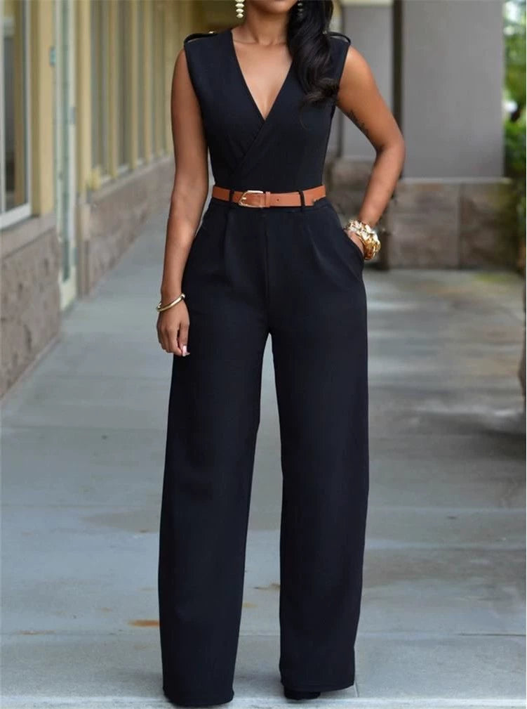 V-neck Wide-leg Pants Irregular Suit With Belt Playsuit