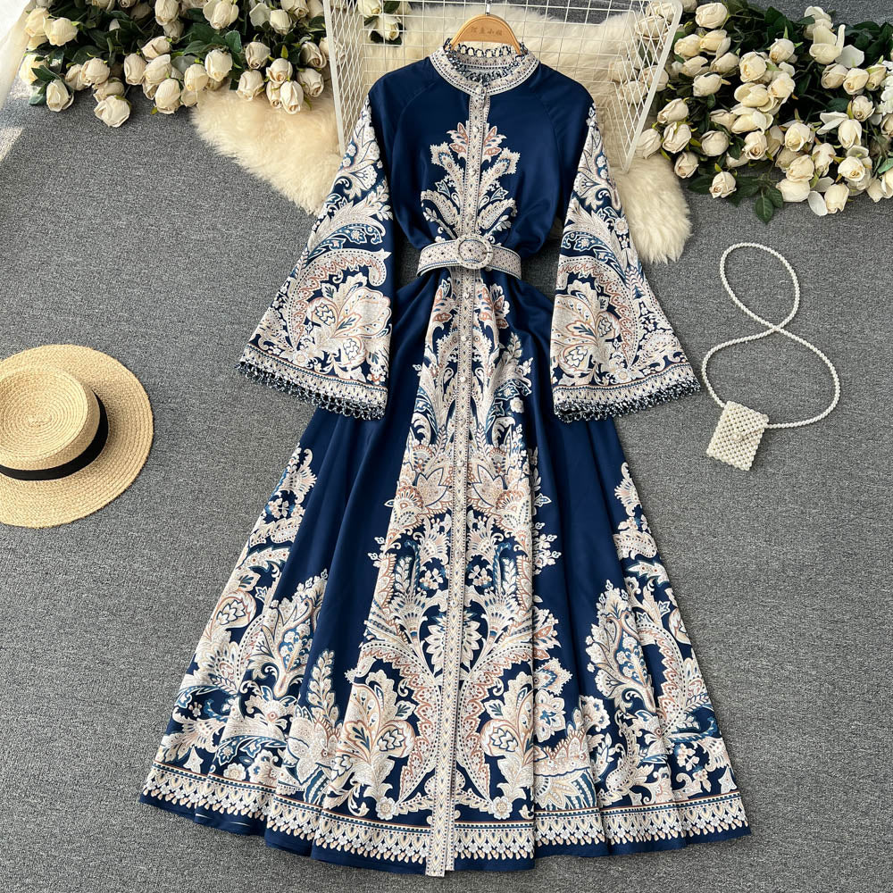 Vintage Print Robe Paisley Maxi Dress Lantern Sleeve