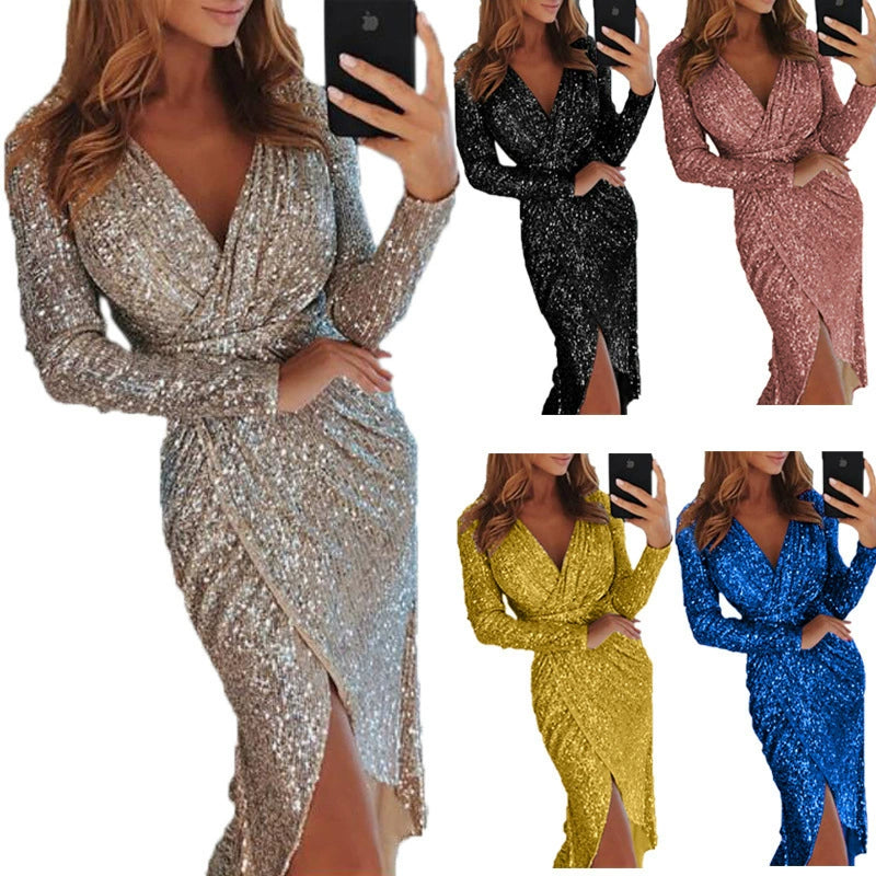 Women's Gilding Dinner Sexy Long Sleeves V Neck Shiny Dress