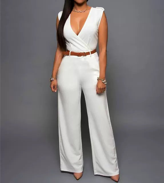 V-neck Wide-leg Pants Irregular Suit With Belt Playsuit