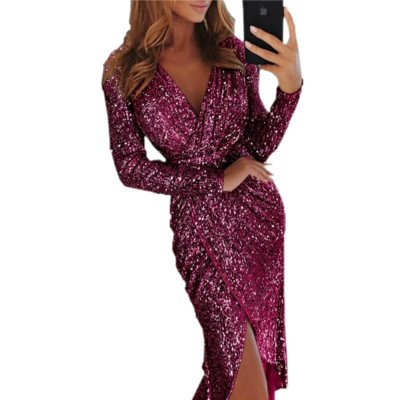 Women's Gilding Dinner Sexy Long Sleeves V Neck Shiny Dress
