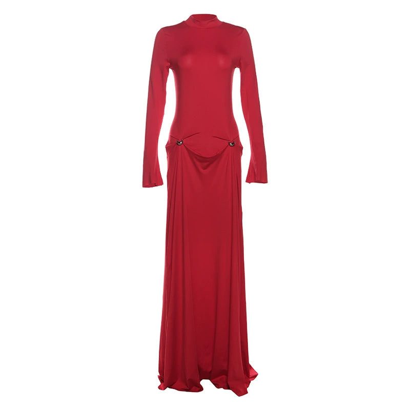 Sexy Half Turtleneck Long-Sleeved Red Dress Tall Elegant Large Long Skirt