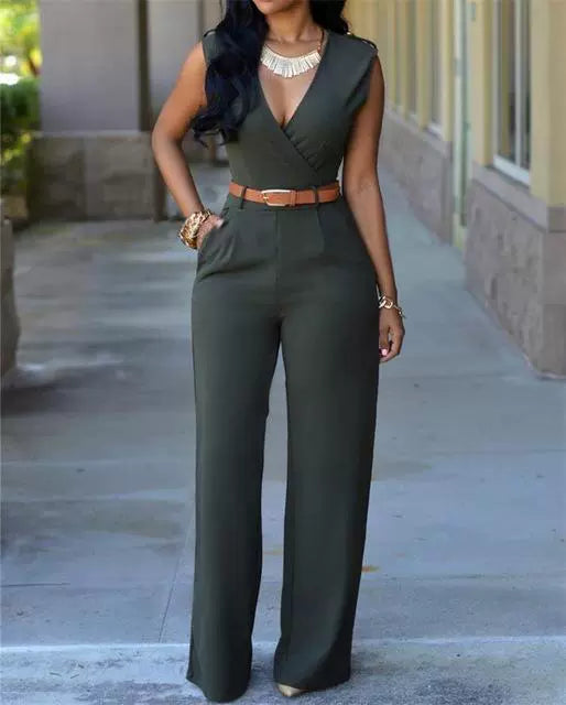 V-neck Wide-leg Pants Irregular Suit With Belt Playsuit
