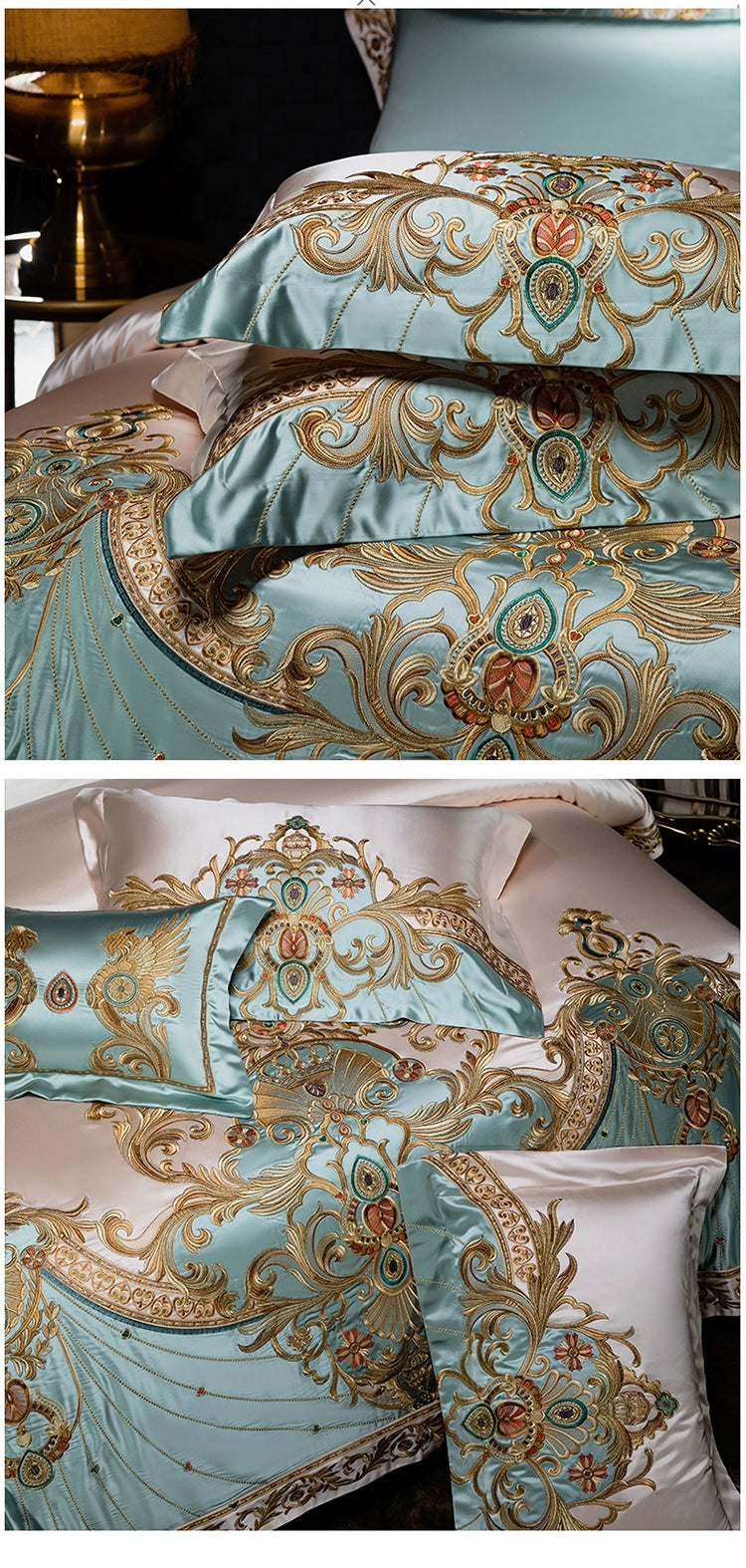 European Luxury Embroidery Palace Pure Cotton Satin Silk Bedding Set 6-10 PCs Set