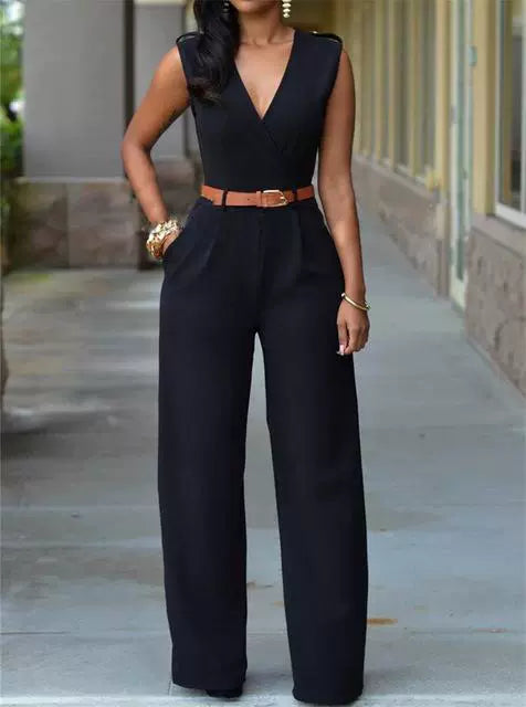 V-neck Wide-leg Pants Irregular Suit With Belt Playsuit