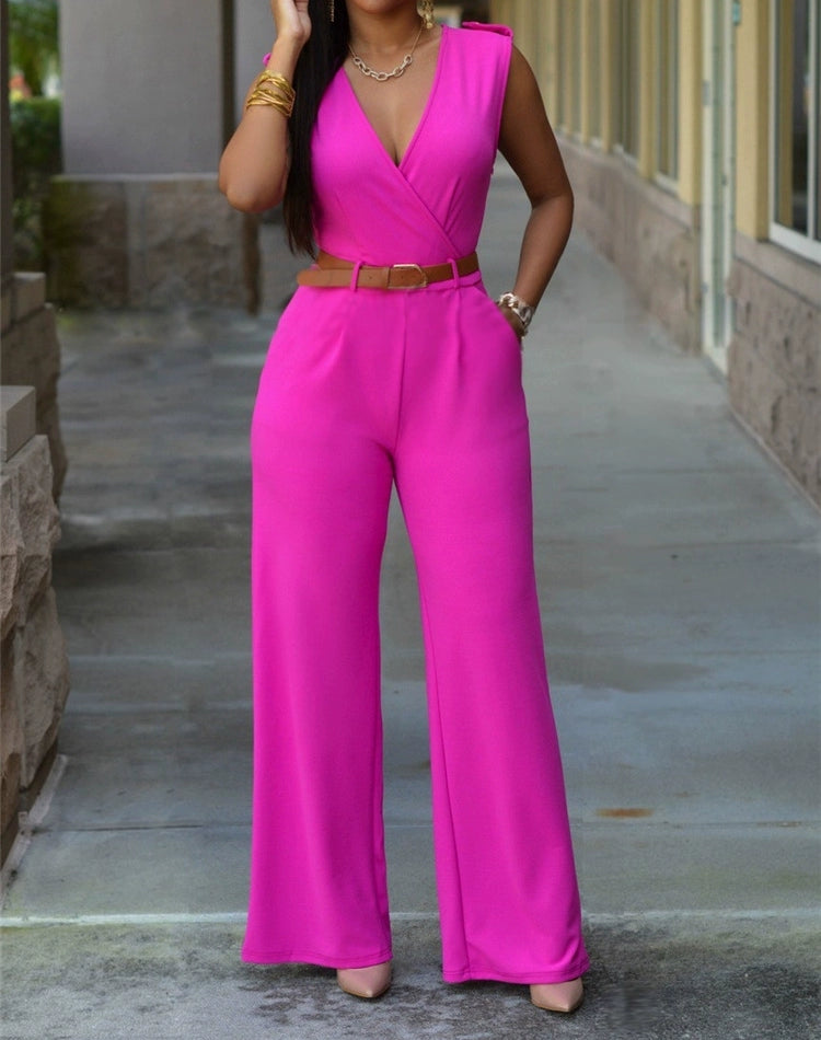 V-neck Wide-leg Pants Irregular Suit With Belt Playsuit