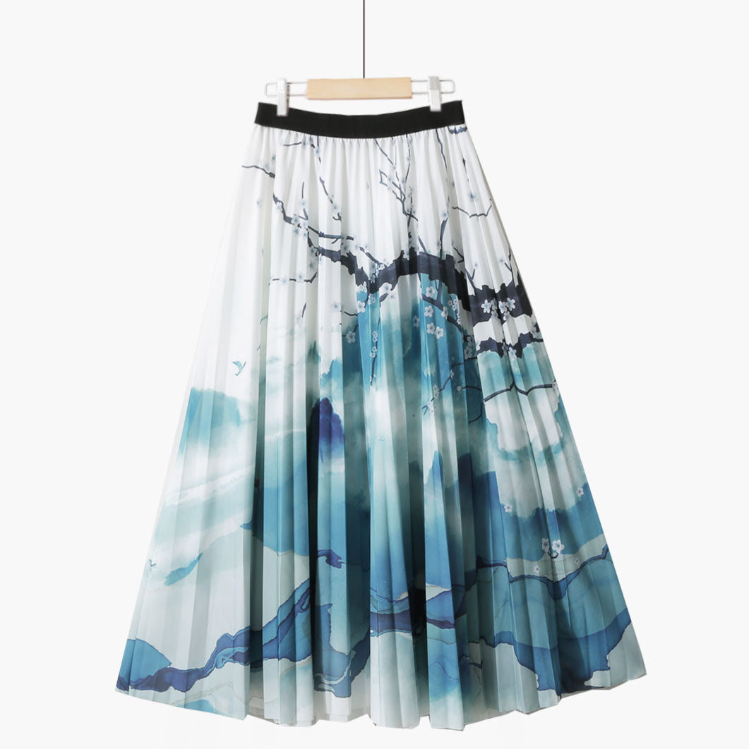 Summer Retro Blue and White Porcelain Printed Mid Length Pleated Skirt